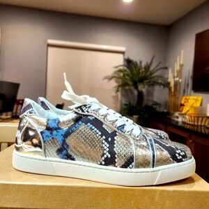 NEW Christian Louboutin Fun Vieira Orlato Flat Sneaker in Metallic Snake 41.5